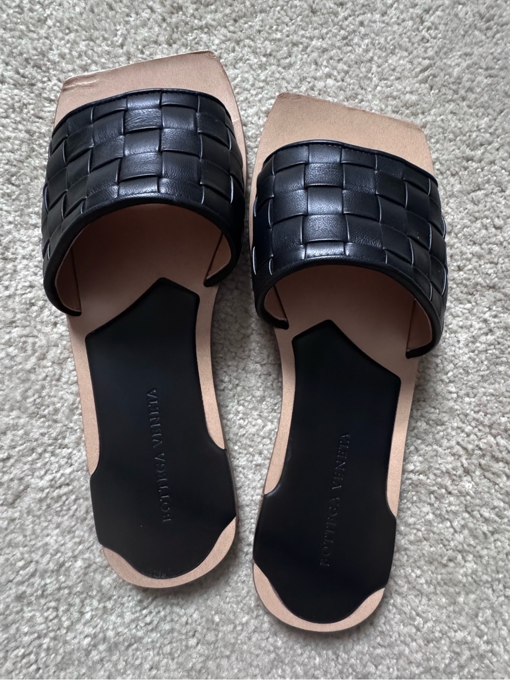 Bottega Veneta Black Woven Slide Sandals with Tan Footbed
